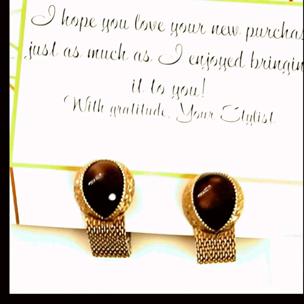 Vintage Mesh Wrap Cufflinks Brown Acrylic Cabochon, gold tone mesh